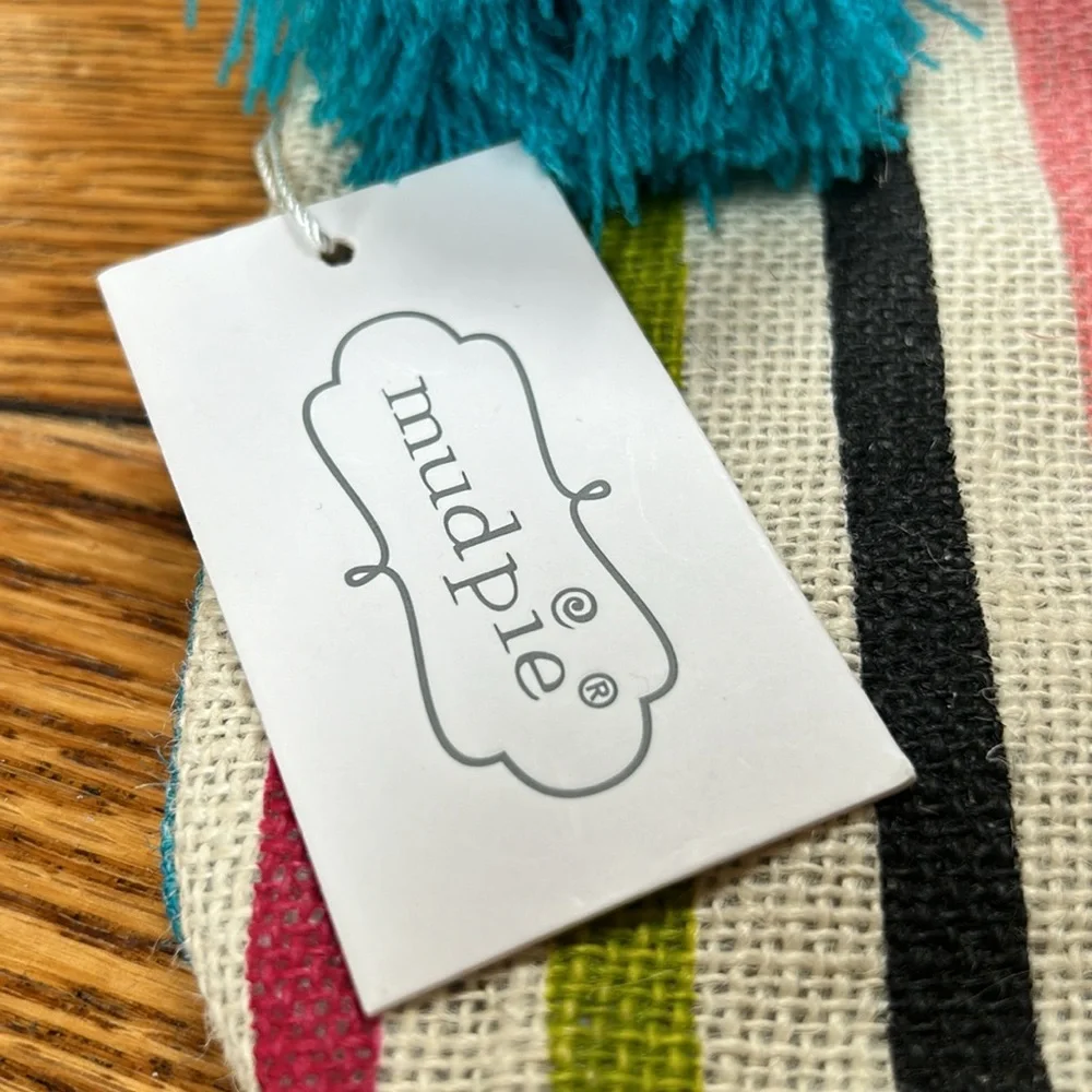 Mud Pie new with tag striped jute bag. Green, pink, black gold. Pompom tassles.
